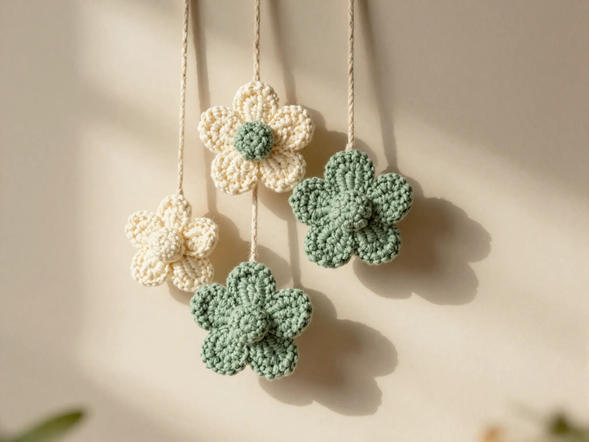 Flores crochê creme e verde-sálvia penduradas em fio de algodão