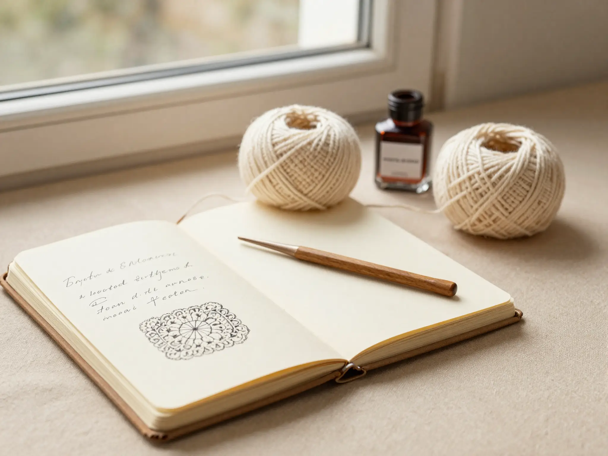 Caderno aberto com esboço de padrão crochê, agulha de madeira e novelos de fio creme