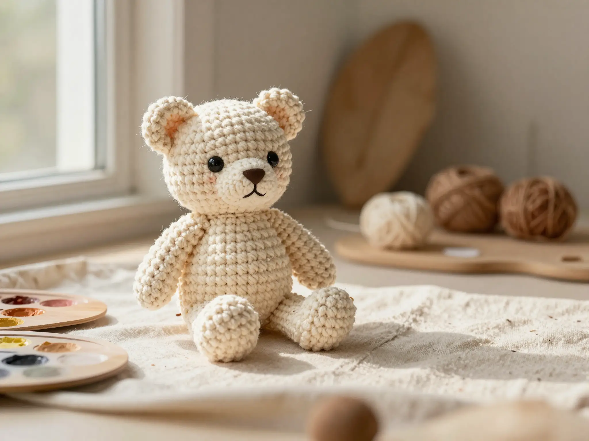 Ursinho amigurumi creme em algodão sobre linho com novelos de fio